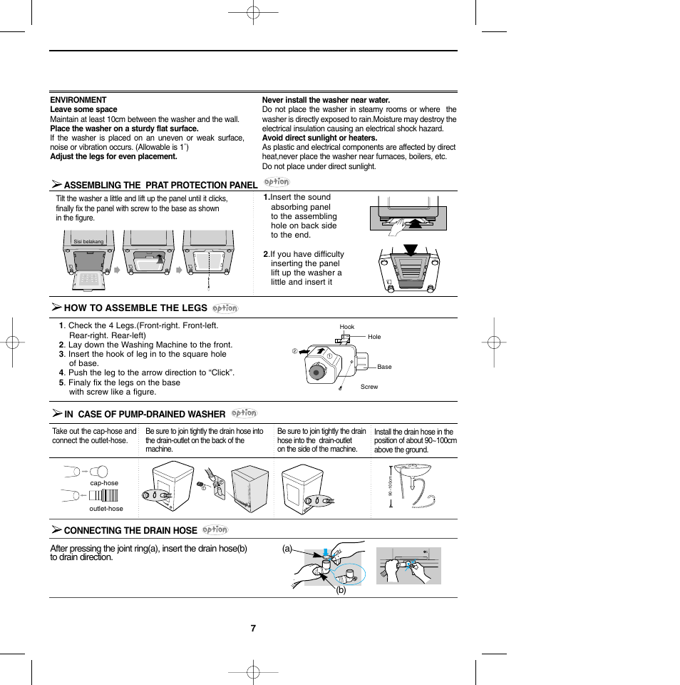 Installation & maintenance, Assembling the prat protection panel, How to assemble the legs | In case of pump-drained washer, Connecting the drain hose | Samsung WA10K2Q User Manual | Page 8 / 12