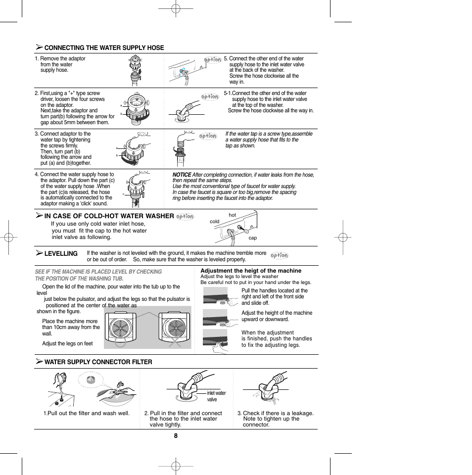 Connecting the water supplyhose, In case of cold-hot water washer, Levelling | Water supplyconnector filter | Samsung WA10K2Q User Manual | Page 9 / 12