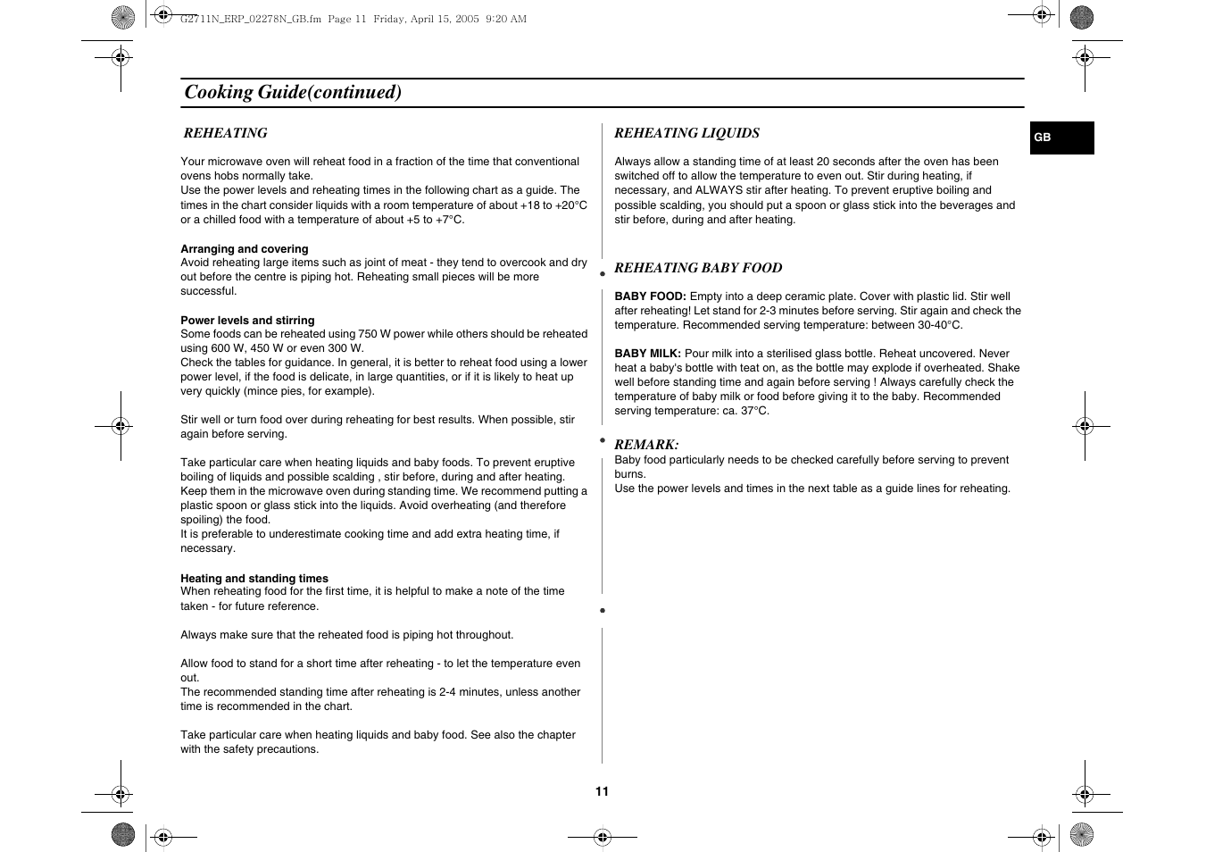 Cooking guide(continued) | Samsung G2711N User Manual | Page 11 / 16
