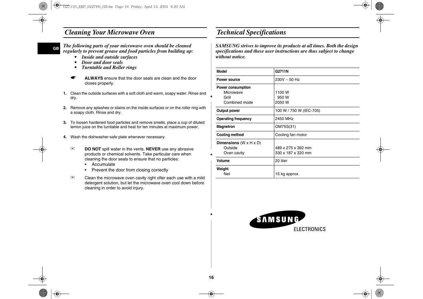 Cleaning your microwave oven, Technical specifications | Samsung G2711N User Manual | Page 16 / 16