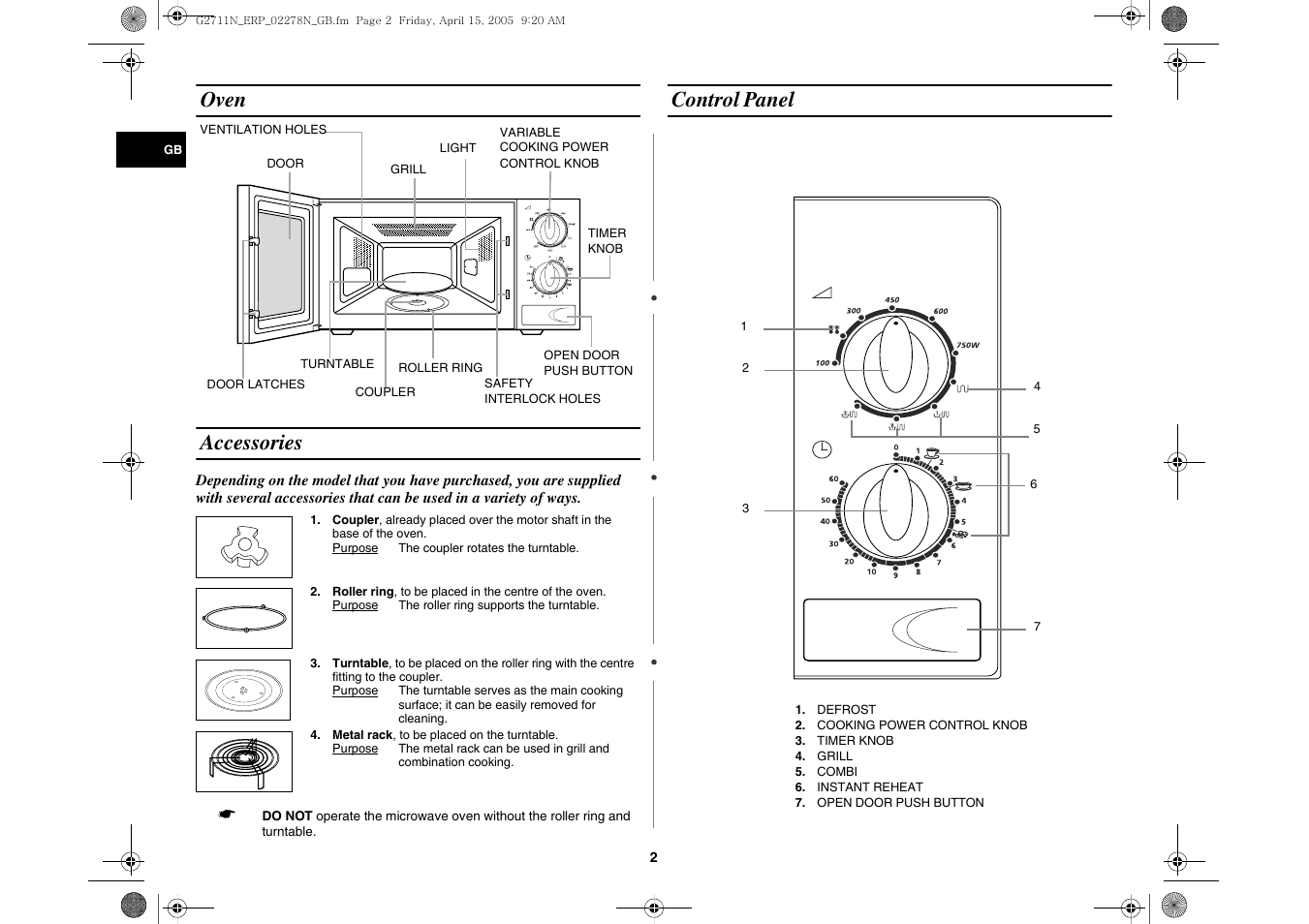 Oven, Accessories, Control panel | Oven accessories | Samsung G2711N User Manual | Page 2 / 16