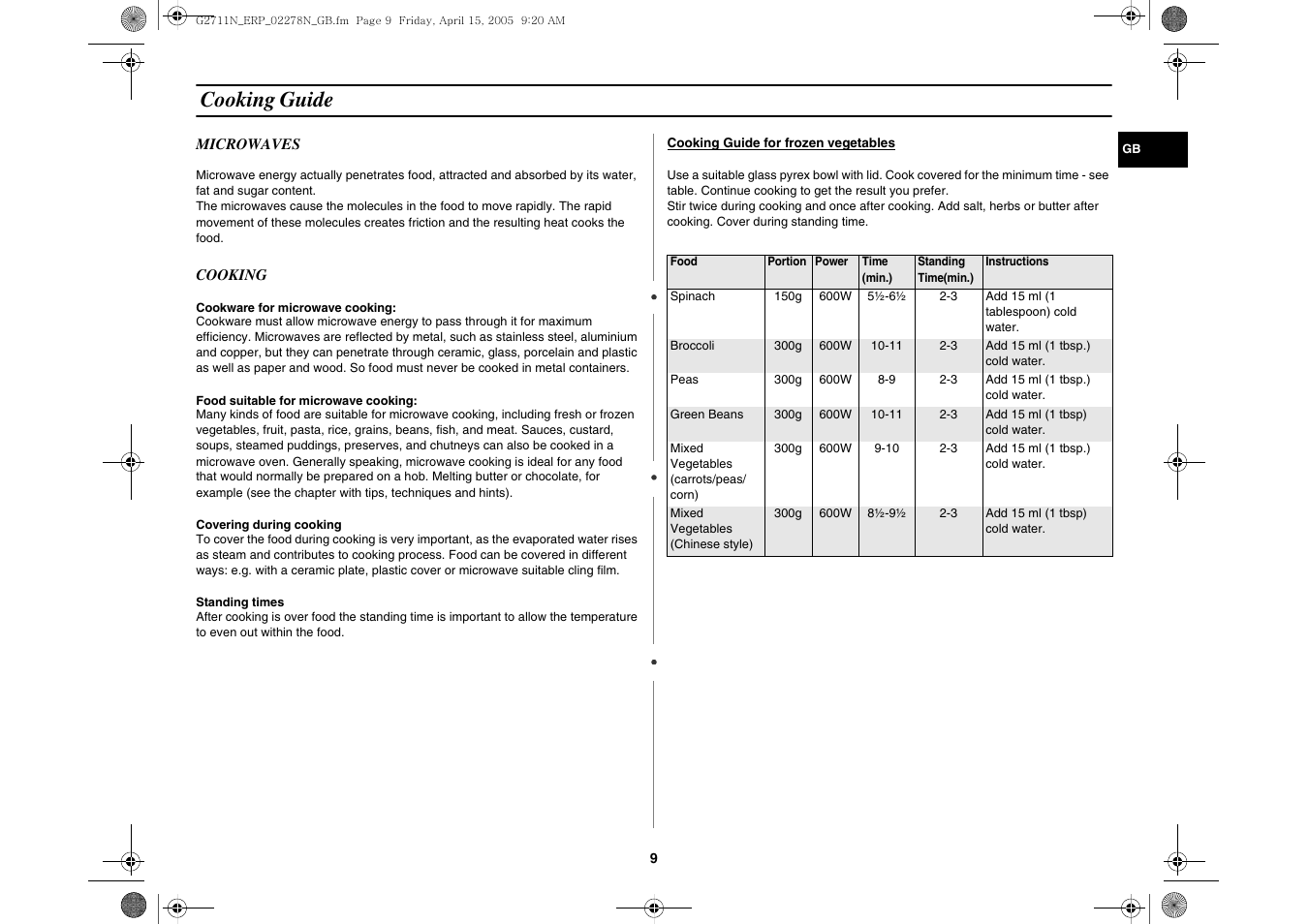 Cooking guide | Samsung G2711N User Manual | Page 9 / 16