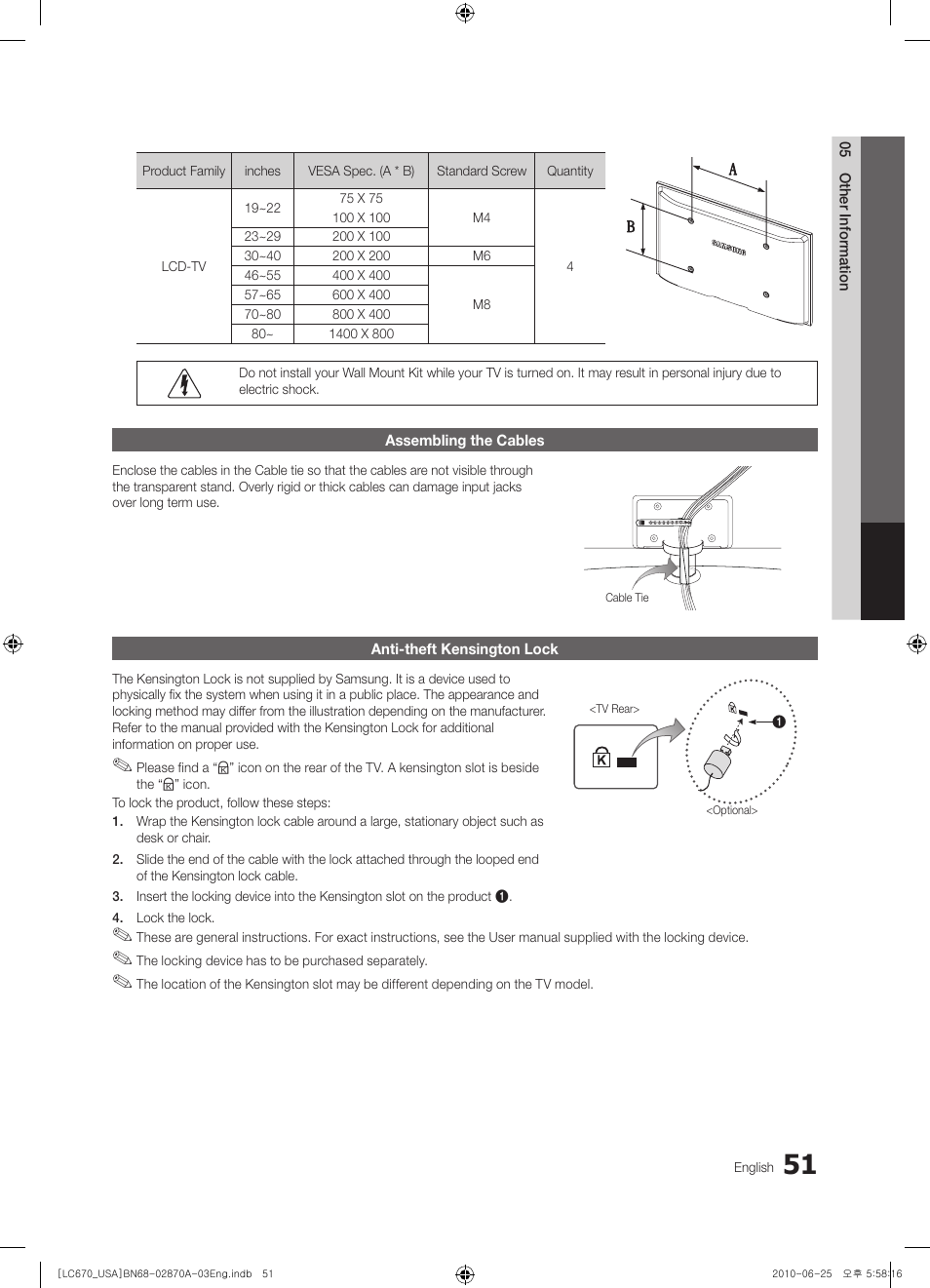Assembling the cables, Anti-theft kensington lock | Samsung 670 User Manual | Page 51 / 60
