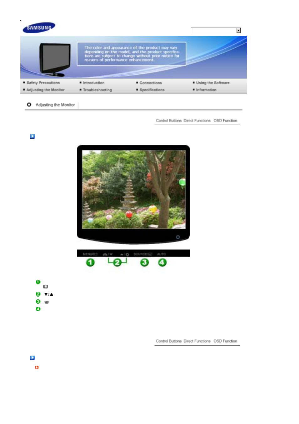 Adjusting the monitor, Control buttons | Samsung 2032GWPlus User Manual | Page 28 / 62