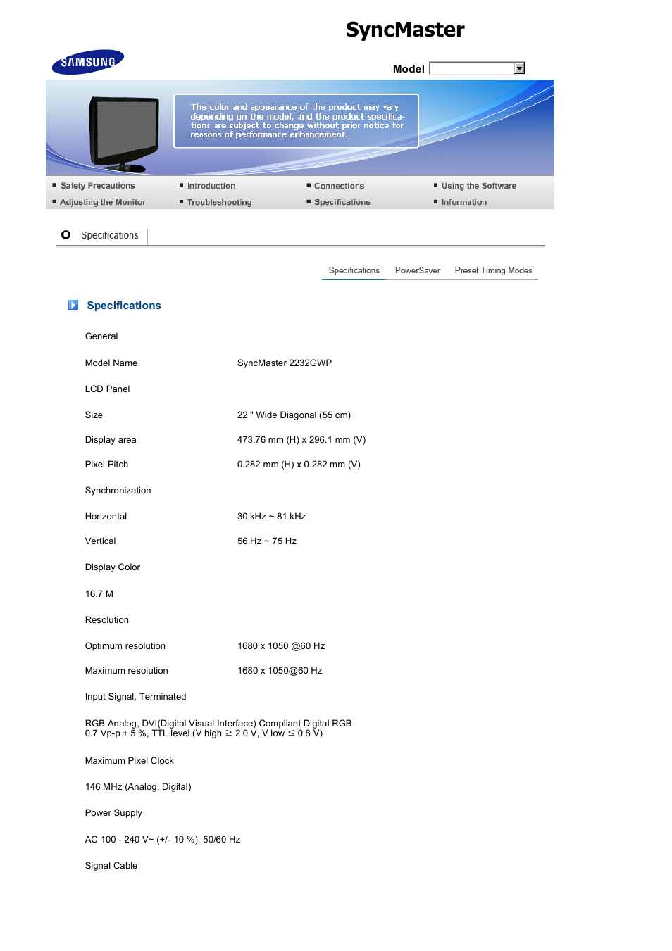 Syncmaster 2232gwplus, Specifications | Samsung 2032GWPlus User Manual | Page 49 / 62