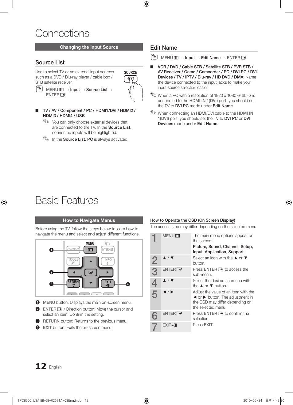 Changing the input source, Basic features, How to navigate menus | Connections, Source list, Edit name | Samsung 6500 User Manual | Page 12 / 60