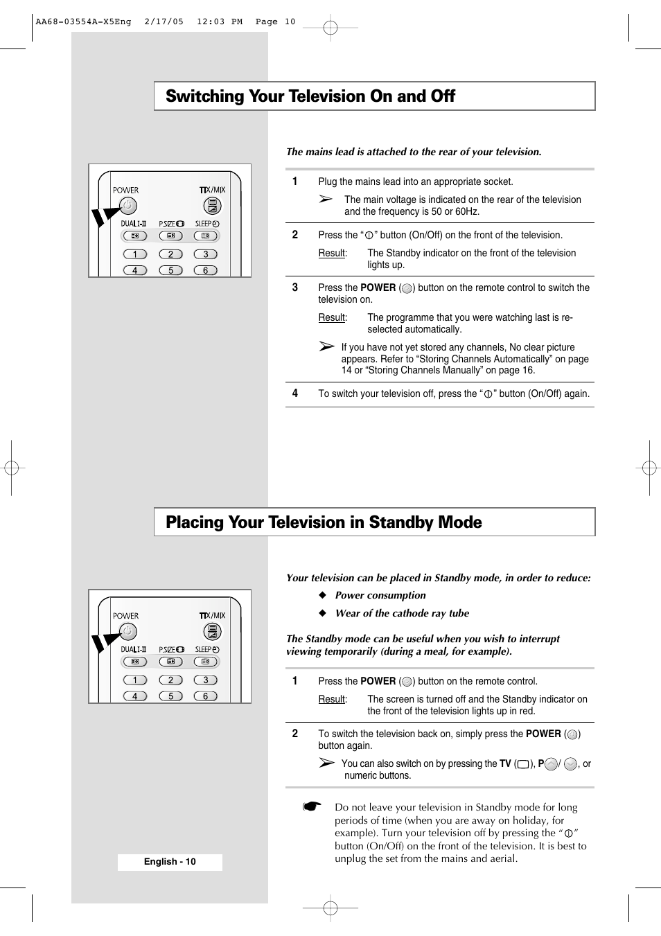 Switching your television on and off, Placing your television in standby mode | Samsung WS-32Z308P User Manual | Page 10 / 48
