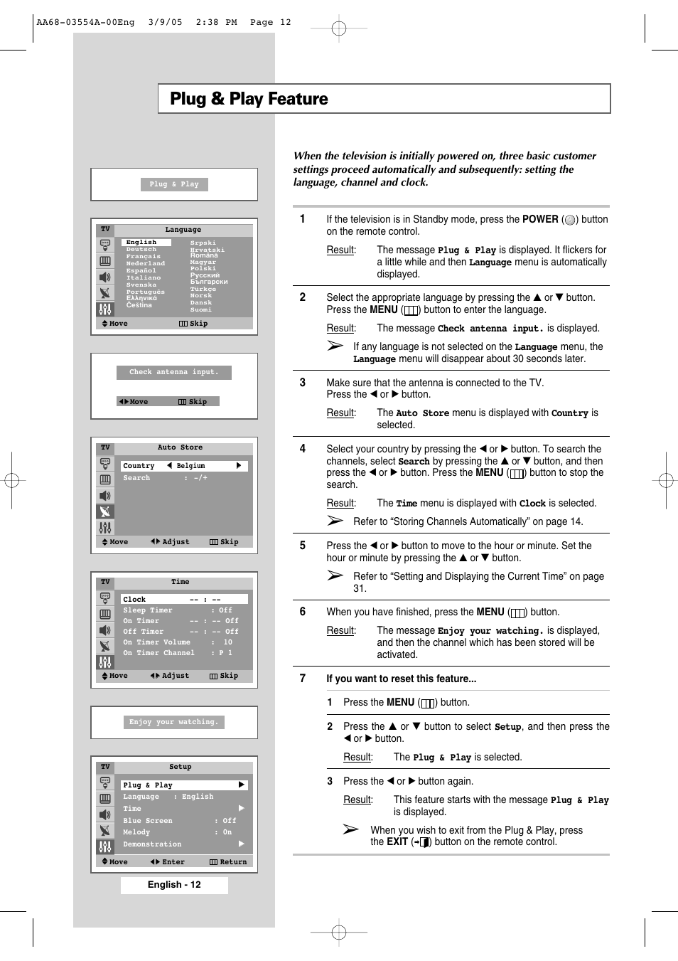 Plug & play feature | Samsung WS-32Z308P User Manual | Page 12 / 48