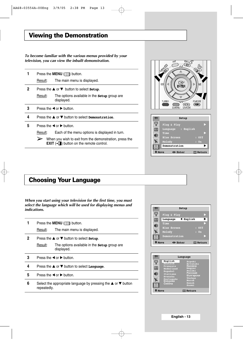 Viewing the demonstration, Choosing your language, Viewing the demonstration choosing your language | Samsung WS-32Z308P User Manual | Page 13 / 48