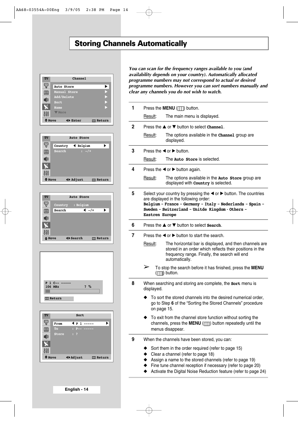 Setting the channels, Storing channels automatically | Samsung WS-32Z308P User Manual | Page 14 / 48