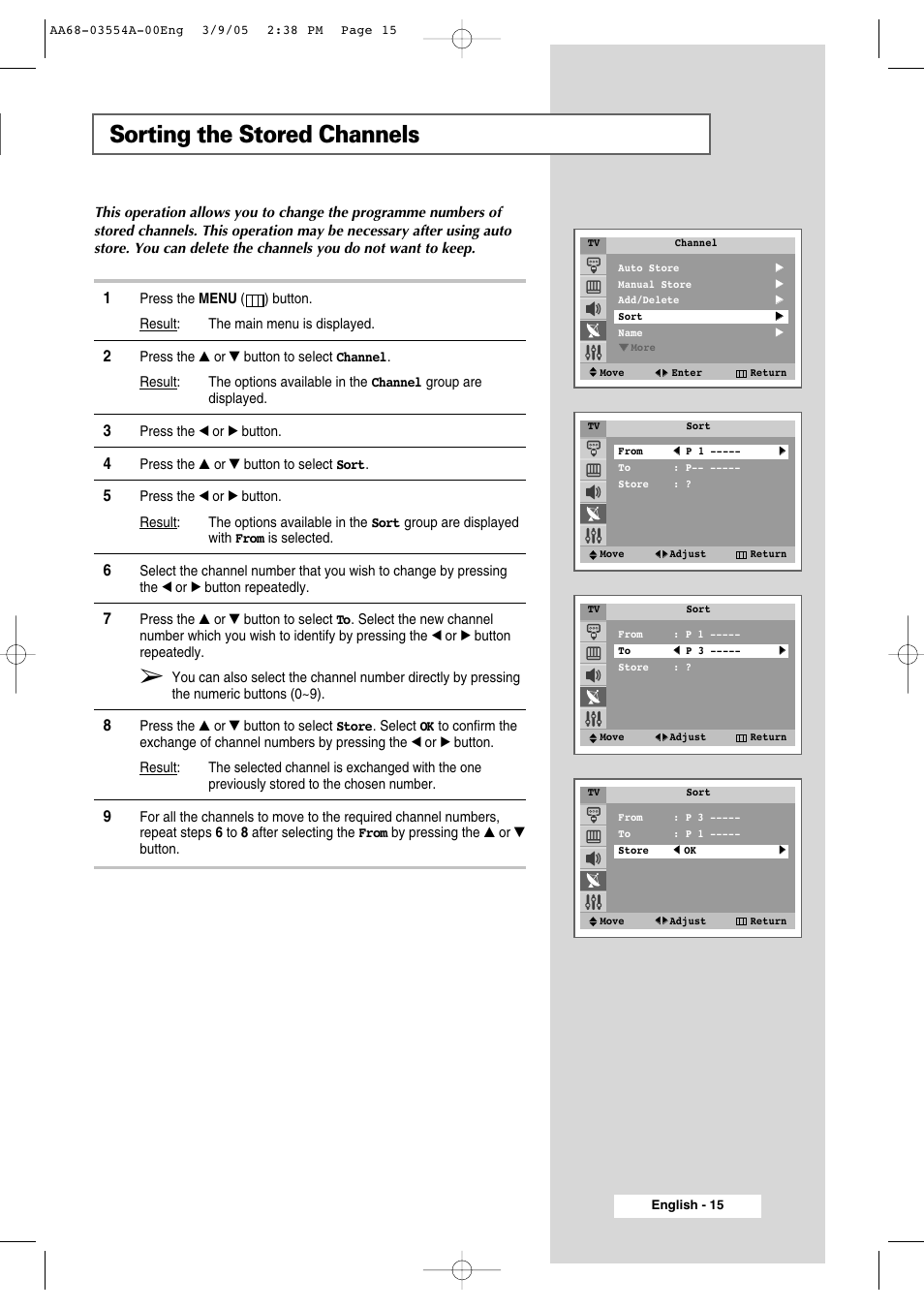 Sorting the stored channels | Samsung WS-32Z308P User Manual | Page 15 / 48