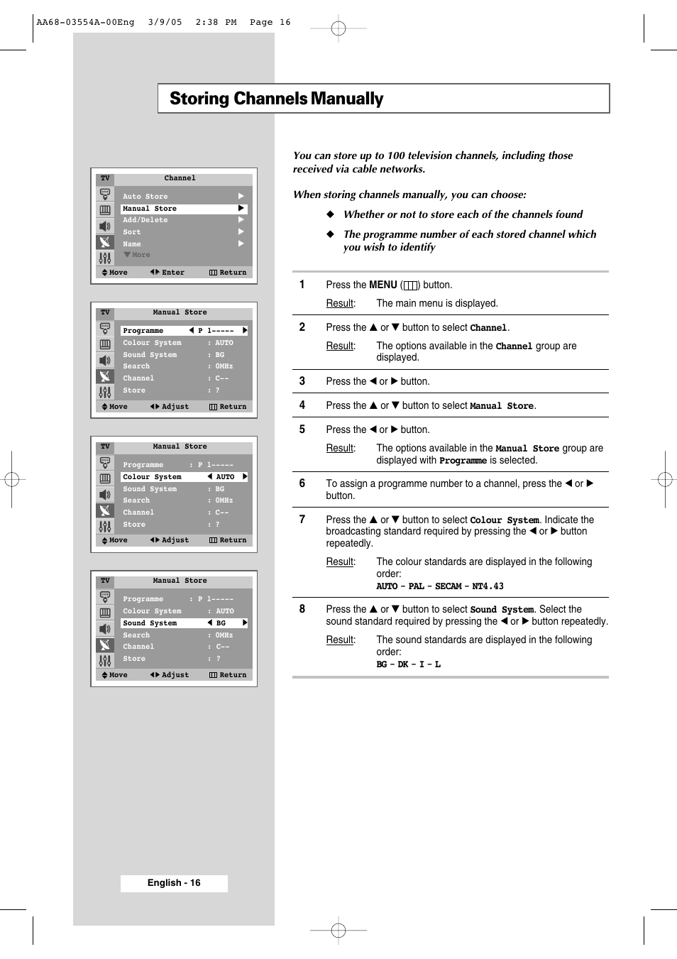Storing channels manually | Samsung WS-32Z308P User Manual | Page 16 / 48