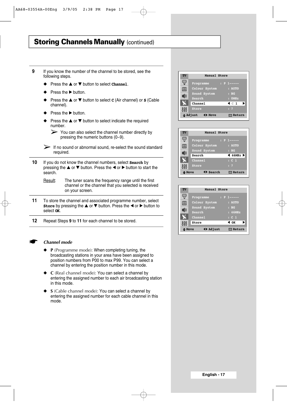 Storing channels manually, Continued) | Samsung WS-32Z308P User Manual | Page 17 / 48