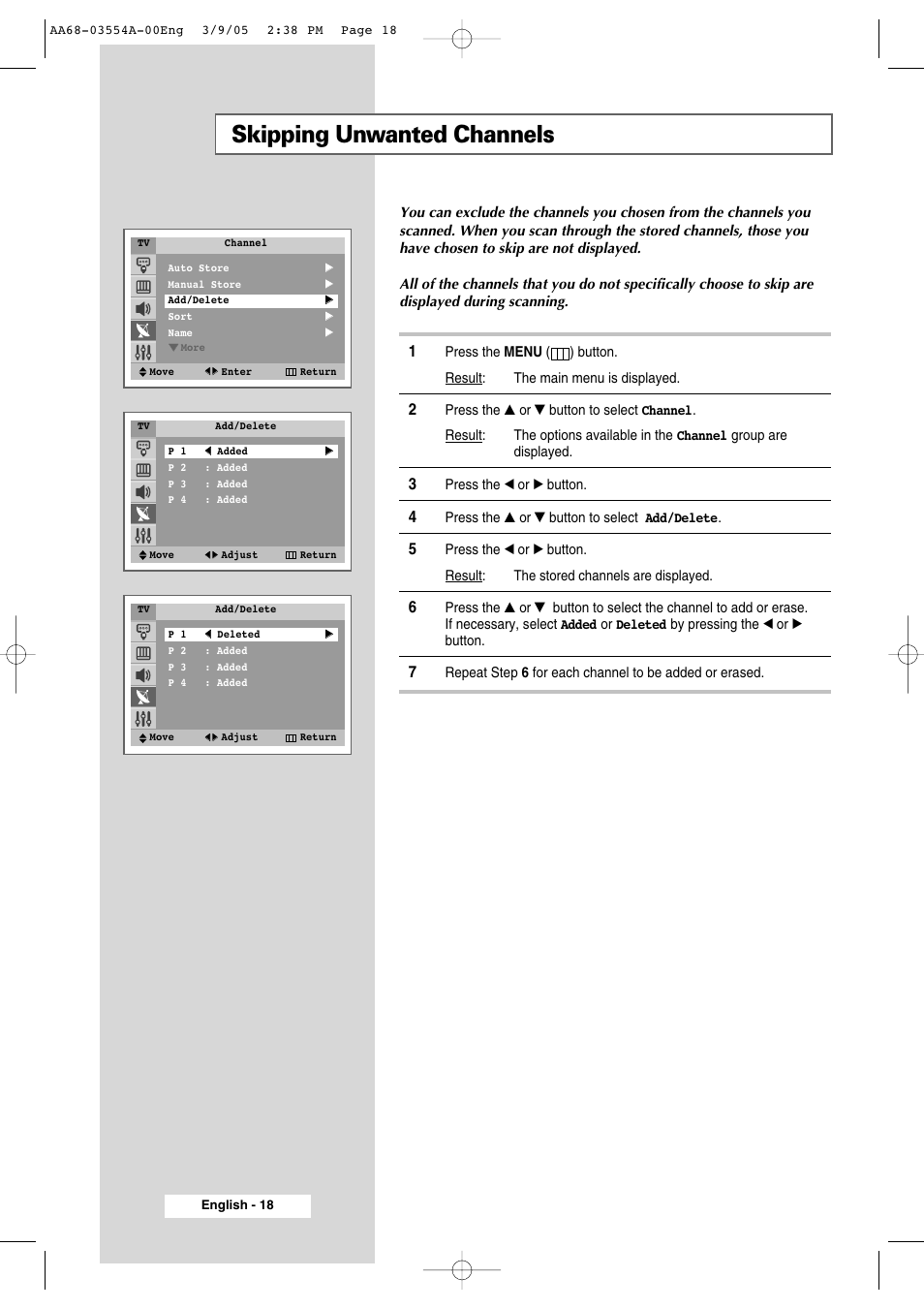 Skipping unwanted channels | Samsung WS-32Z308P User Manual | Page 18 / 48