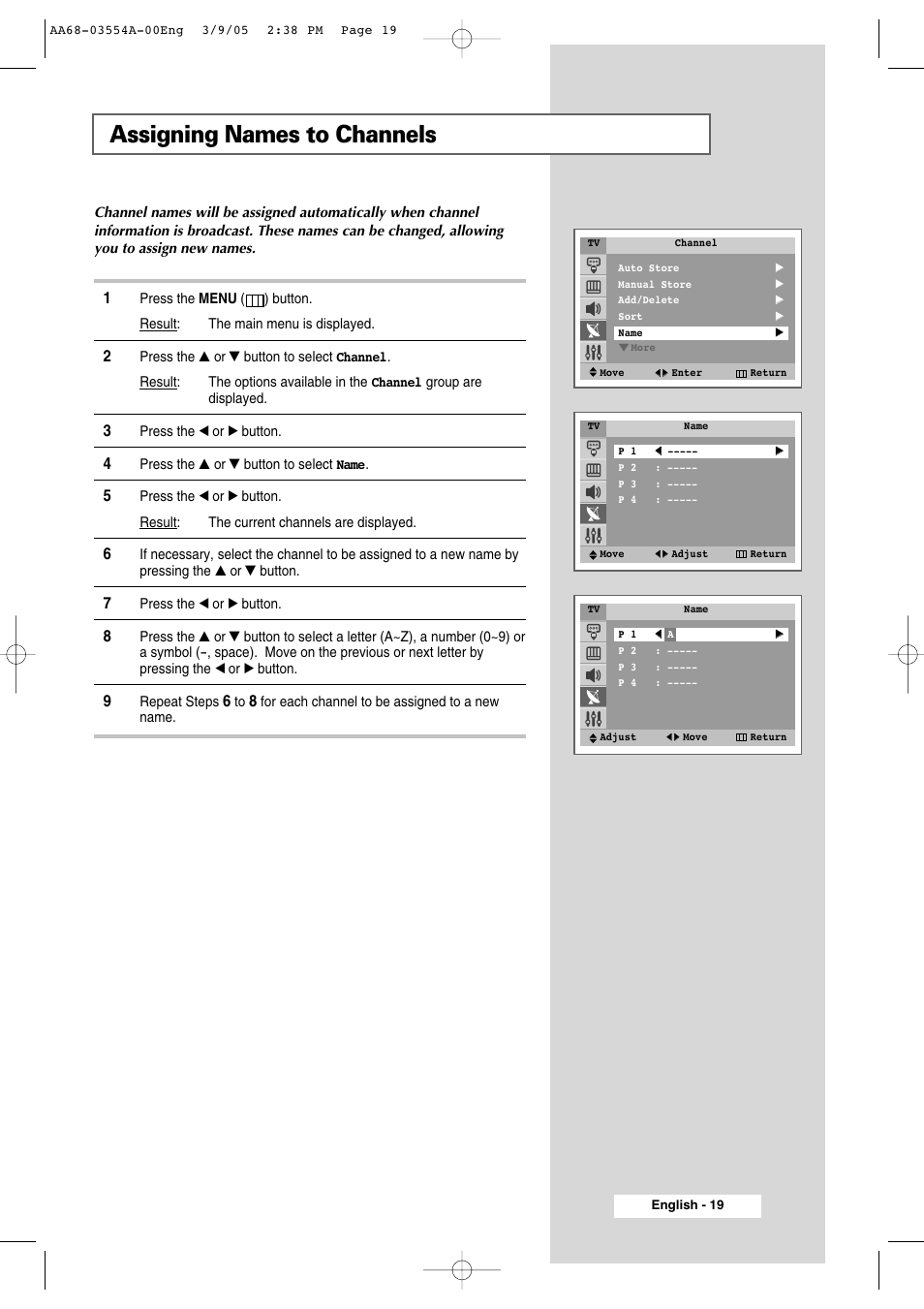 Assigning names to channels | Samsung WS-32Z308P User Manual | Page 19 / 48