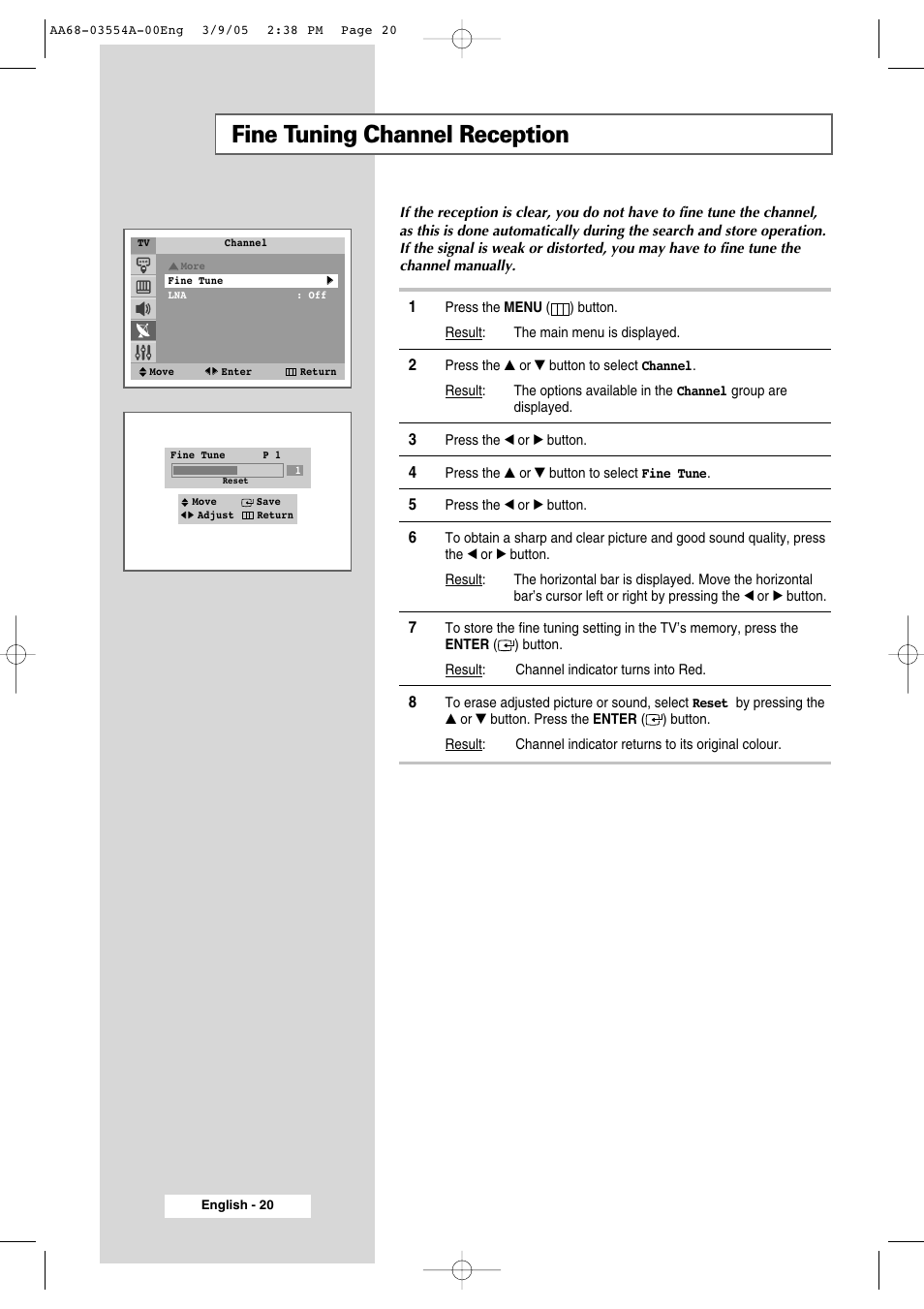 Fine tuning channel reception | Samsung WS-32Z308P User Manual | Page 20 / 48