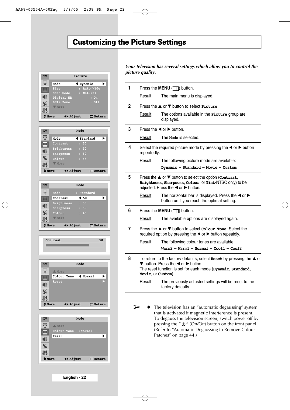 Customizing the picture settings | Samsung WS-32Z308P User Manual | Page 22 / 48