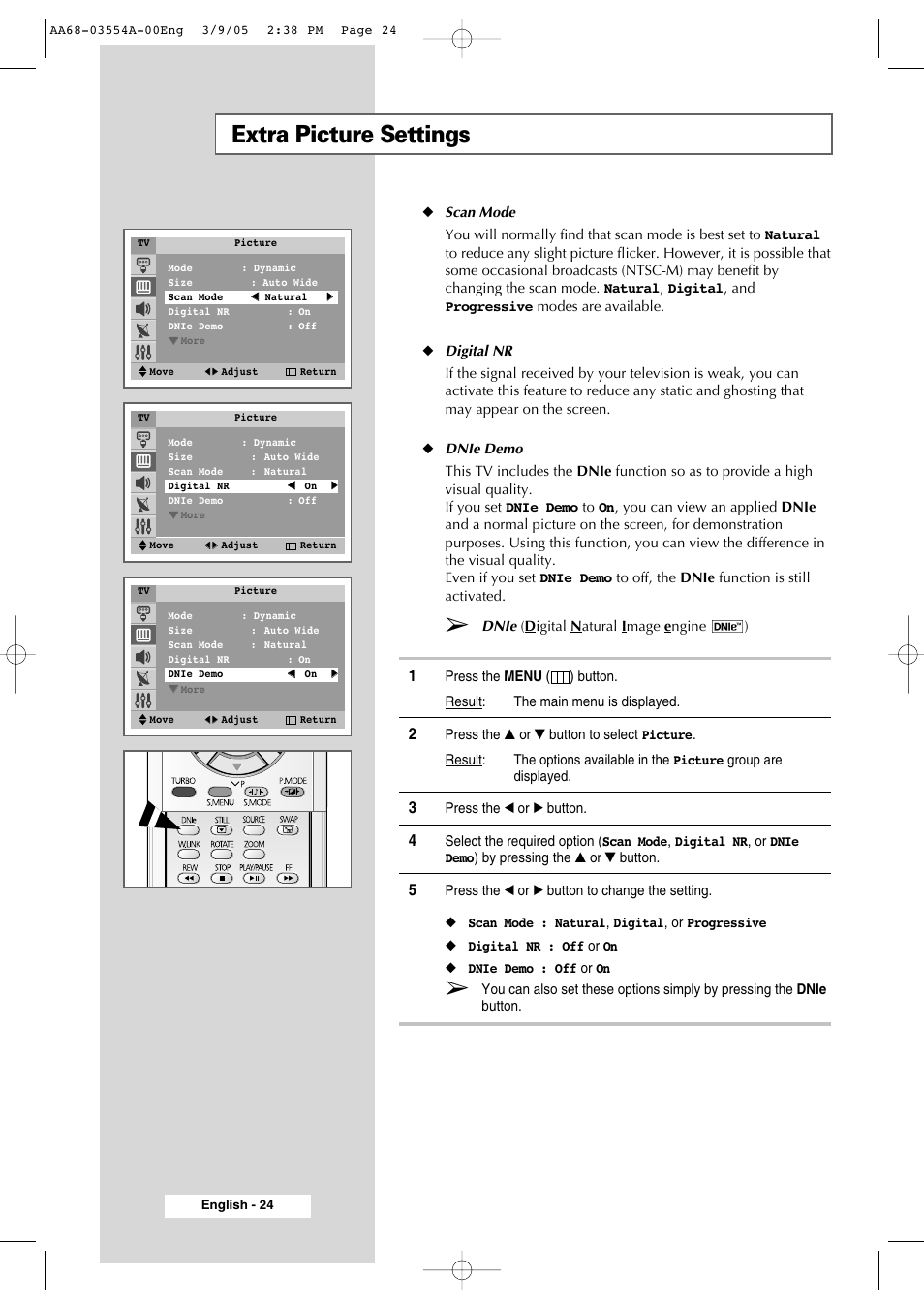 Extra picture settings | Samsung WS-32Z308P User Manual | Page 24 / 48