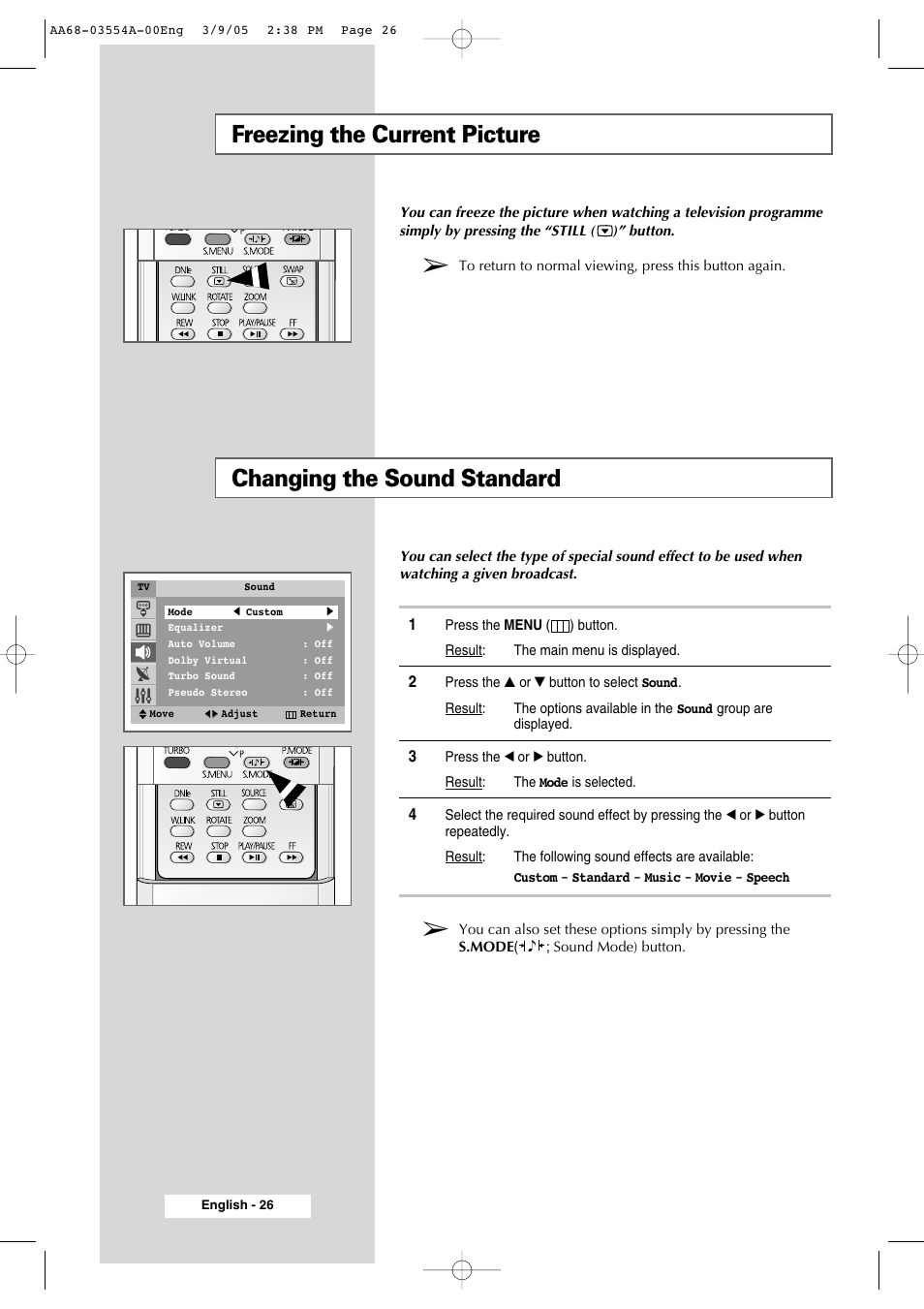 Freezing the current picture, Changing the sound standard | Samsung WS-32Z308P User Manual | Page 26 / 48