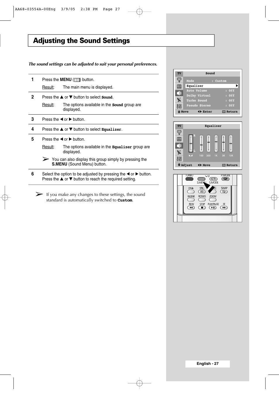 Adjusting the sound settings | Samsung WS-32Z308P User Manual | Page 27 / 48