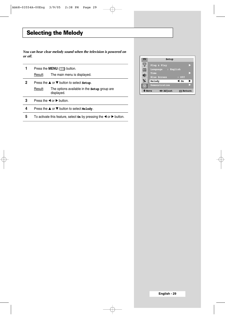 Selecting the melody | Samsung WS-32Z308P User Manual | Page 29 / 48