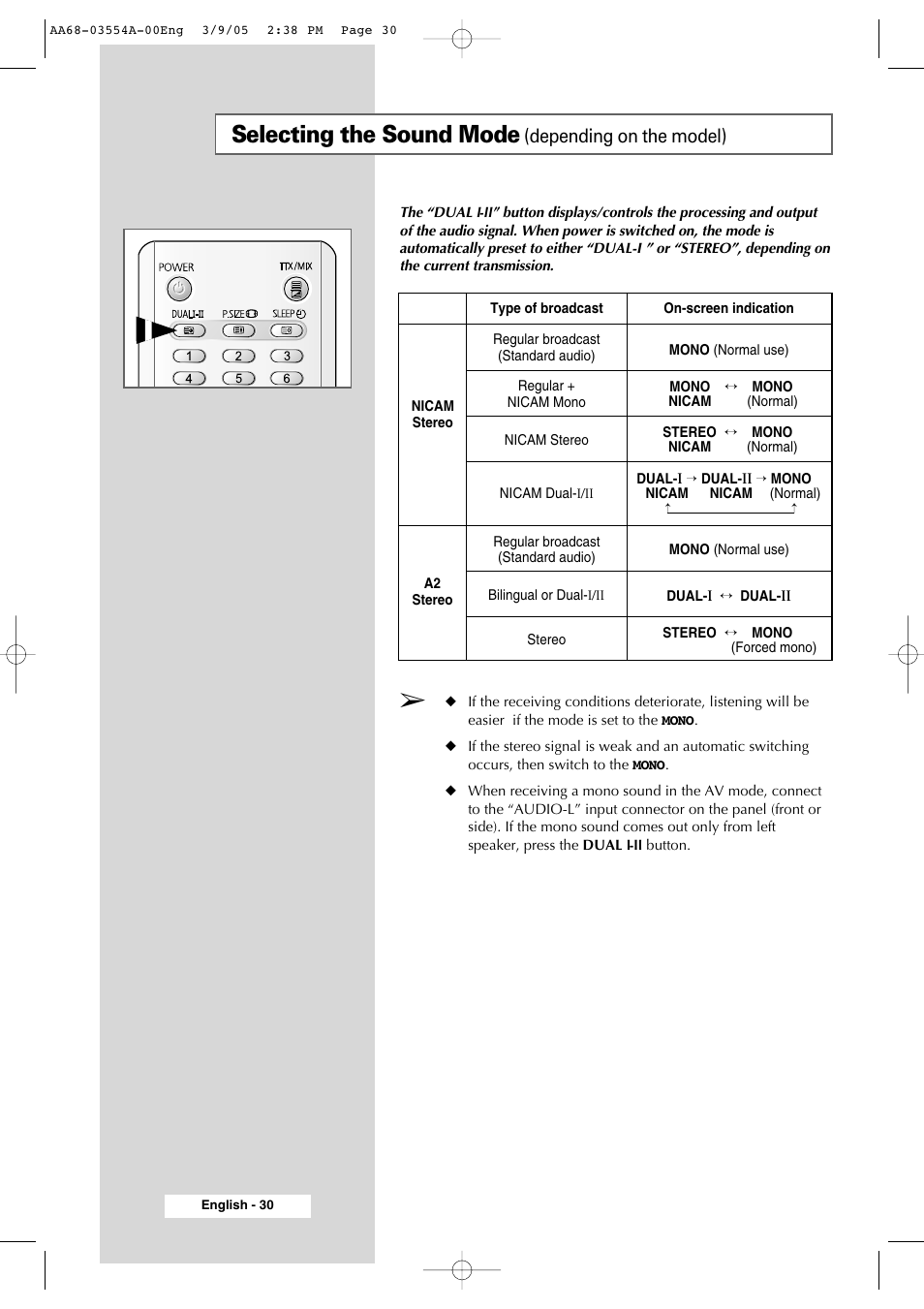Selecting the sound mode (depending on the model), Selecting the sound mode, Depending on the model) | Samsung WS-32Z308P User Manual | Page 30 / 48
