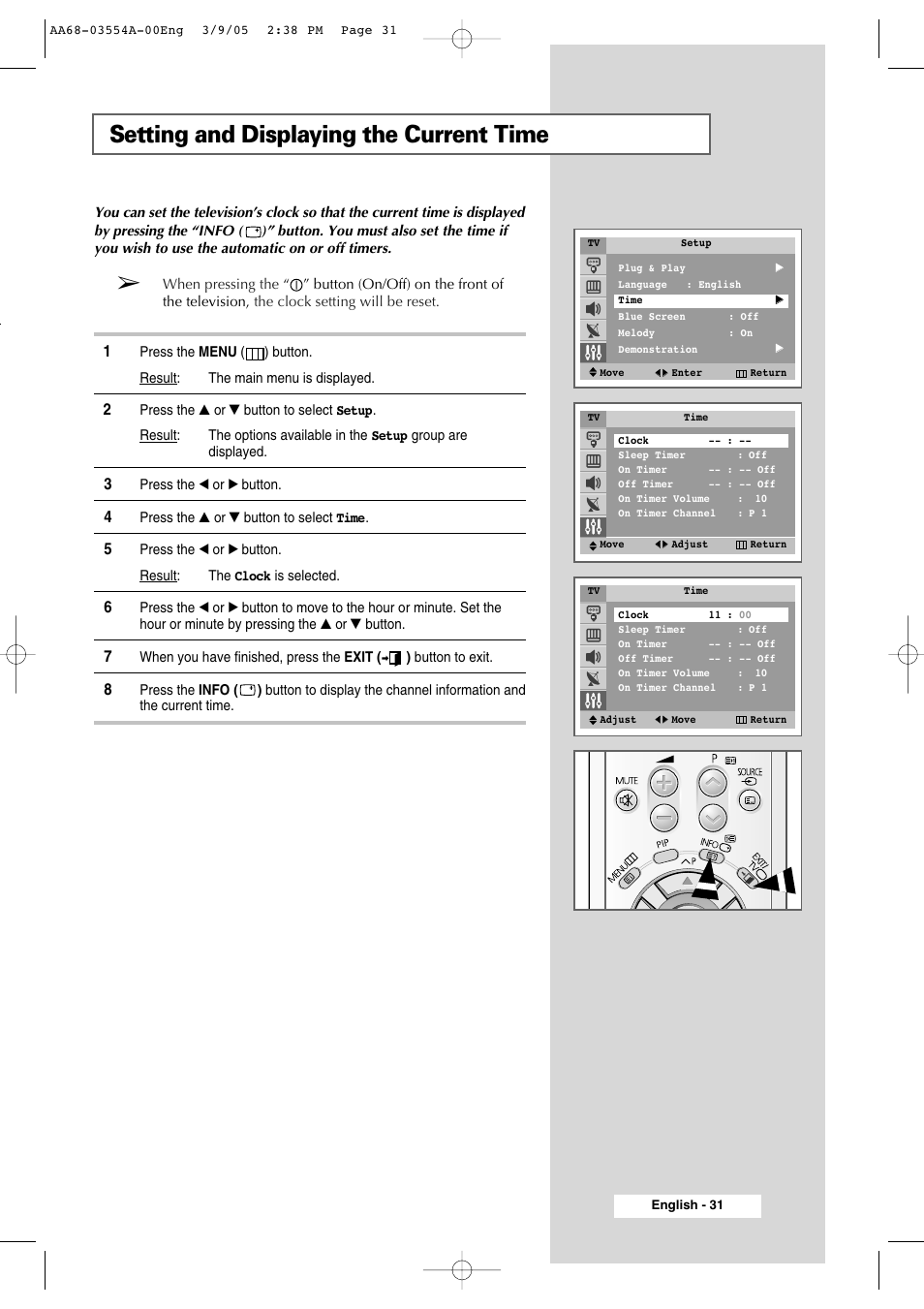 Setting and displaying the current time | Samsung WS-32Z308P User Manual | Page 31 / 48