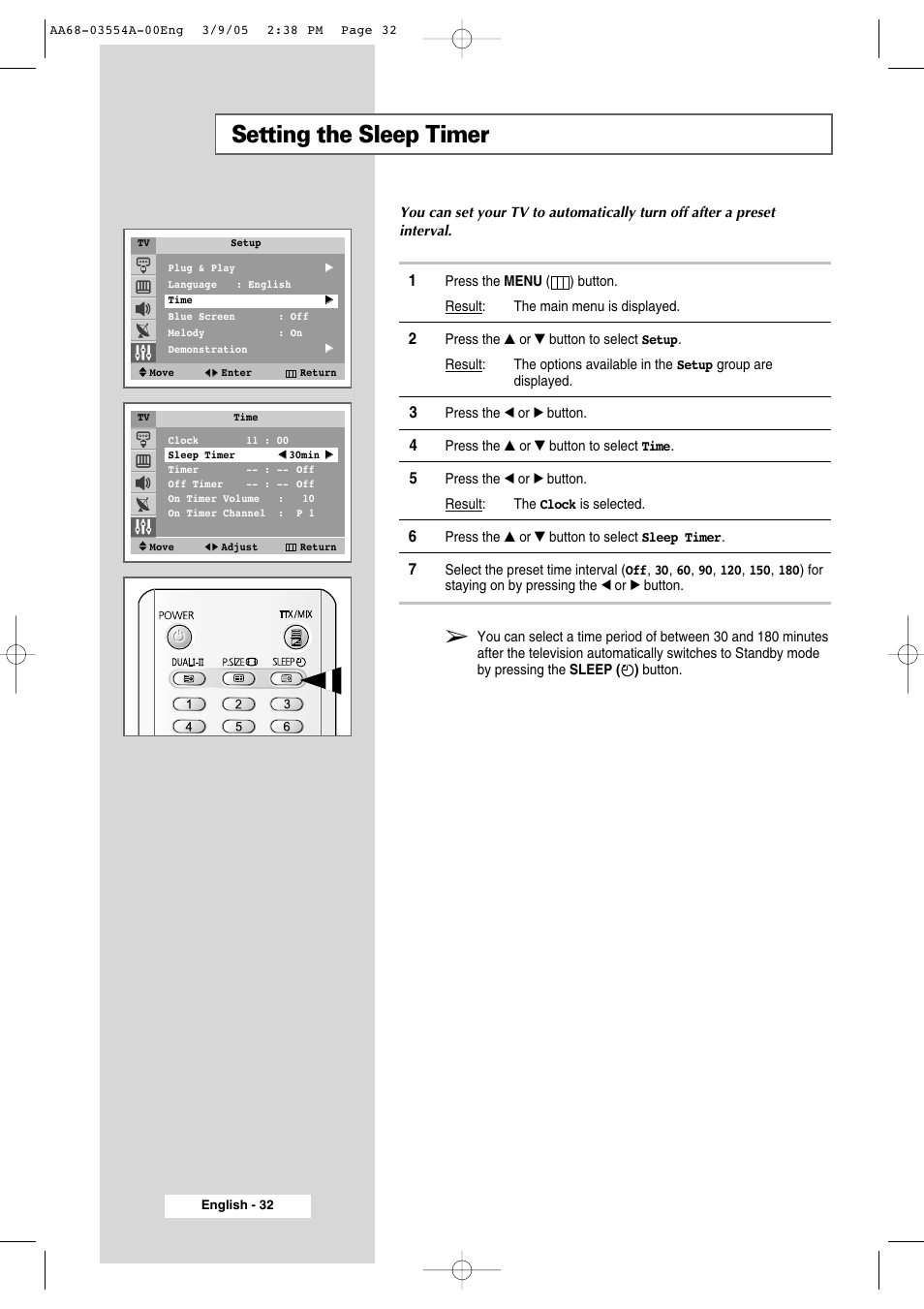 Setting the sleep timer | Samsung WS-32Z308P User Manual | Page 32 / 48