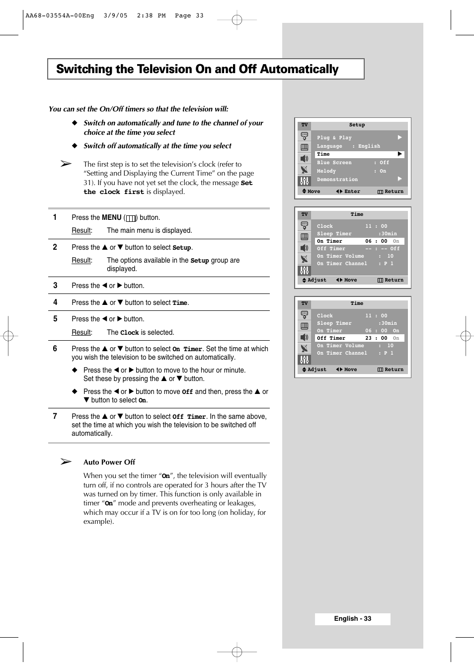 Switching the television on and off automatically | Samsung WS-32Z308P User Manual | Page 33 / 48