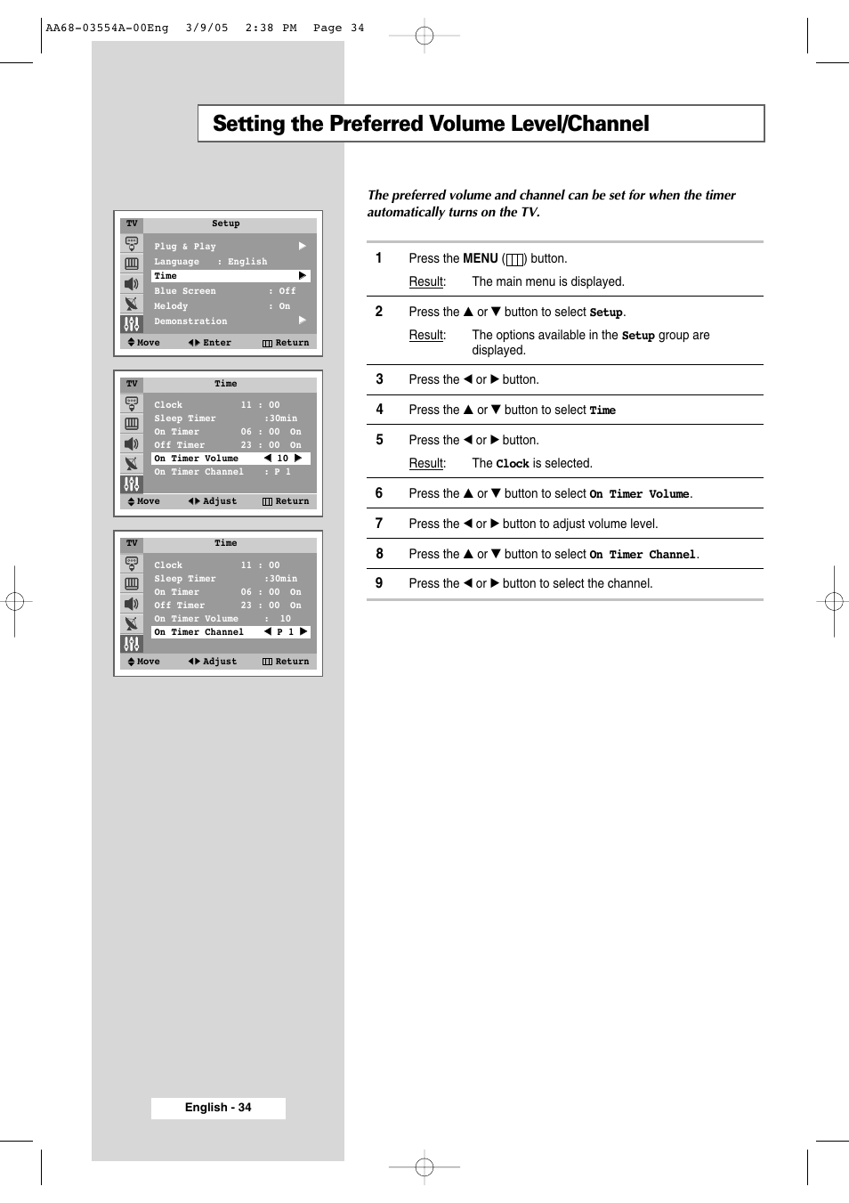 Setting the preferred volume level/channel | Samsung WS-32Z308P User Manual | Page 34 / 48