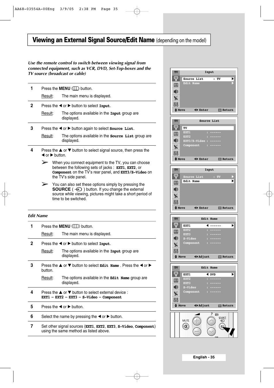 Viewing an external signal source/edit name, Depending on the model) | Samsung WS-32Z308P User Manual | Page 35 / 48