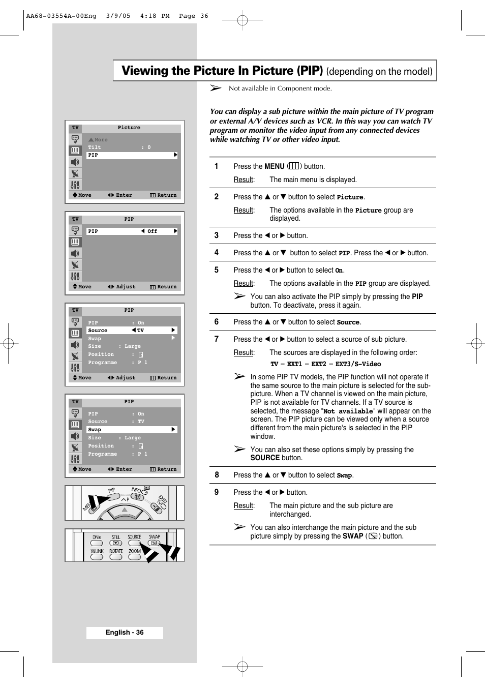 Viewing the picture in picture (pip), Depending on the model) | Samsung WS-32Z308P User Manual | Page 36 / 48