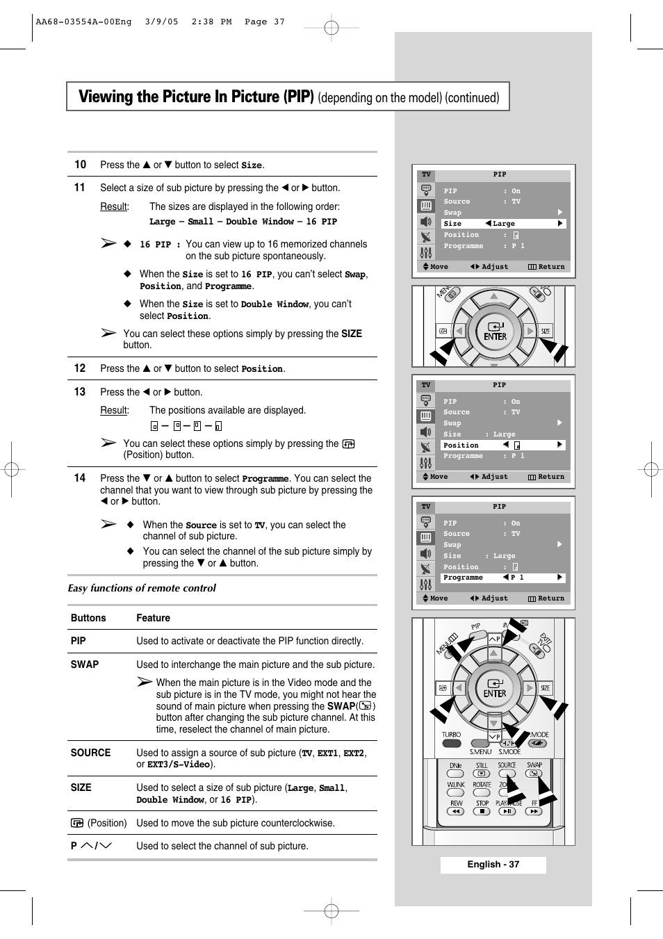 Viewing the picture in picture (pip), Depending on the model) (continued) | Samsung WS-32Z308P User Manual | Page 37 / 48