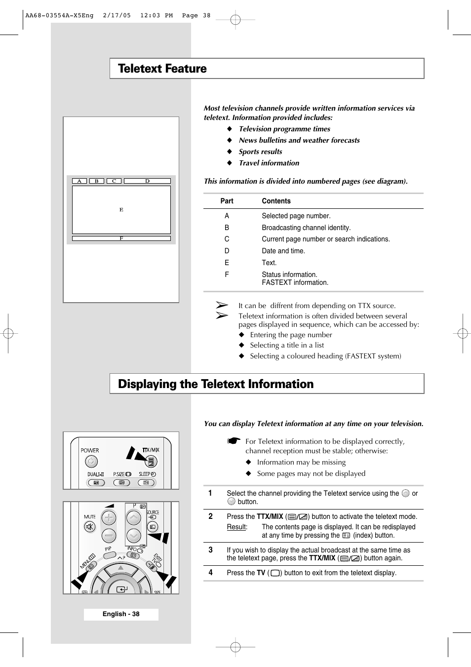 Using the teletext feature, Teletext feature, Displaying the teletext information | Samsung WS-32Z308P User Manual | Page 38 / 48