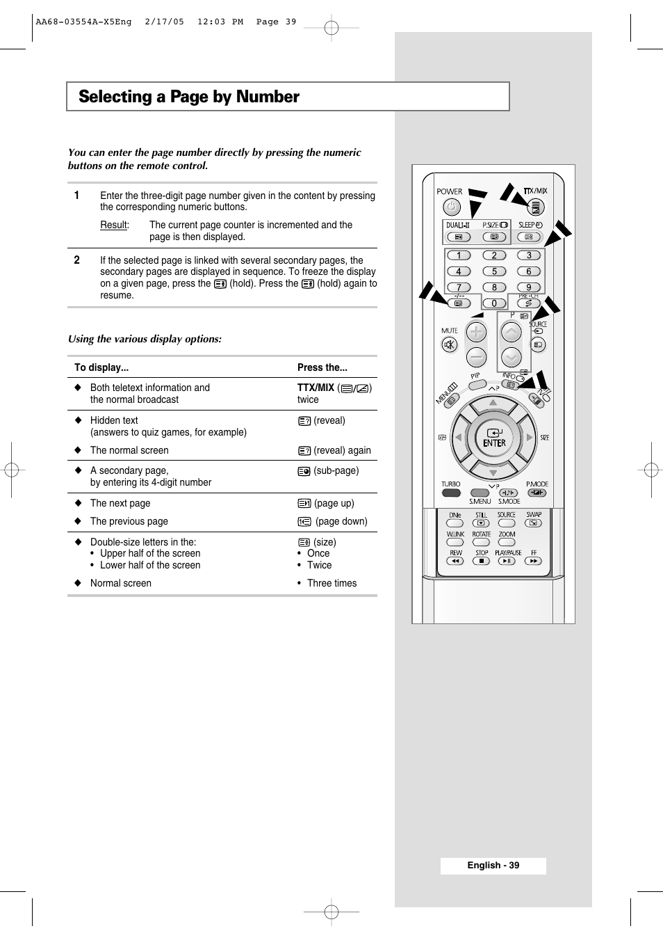 Selecting a page by number | Samsung WS-32Z308P User Manual | Page 39 / 48