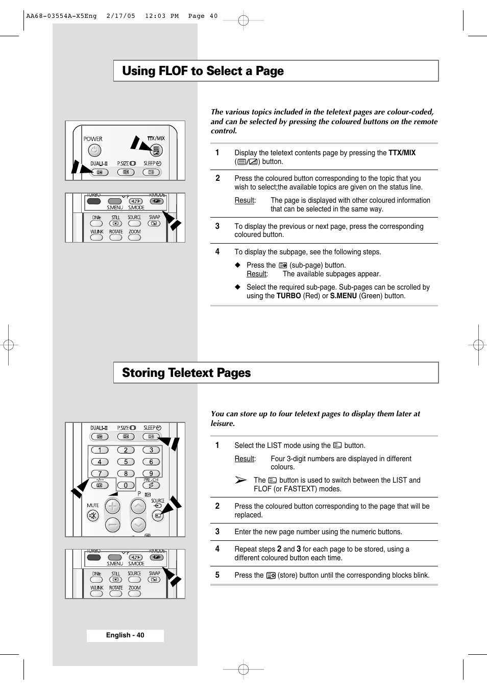 Using flof to select a page, Storing teletext pages | Samsung WS-32Z308P User Manual | Page 40 / 48