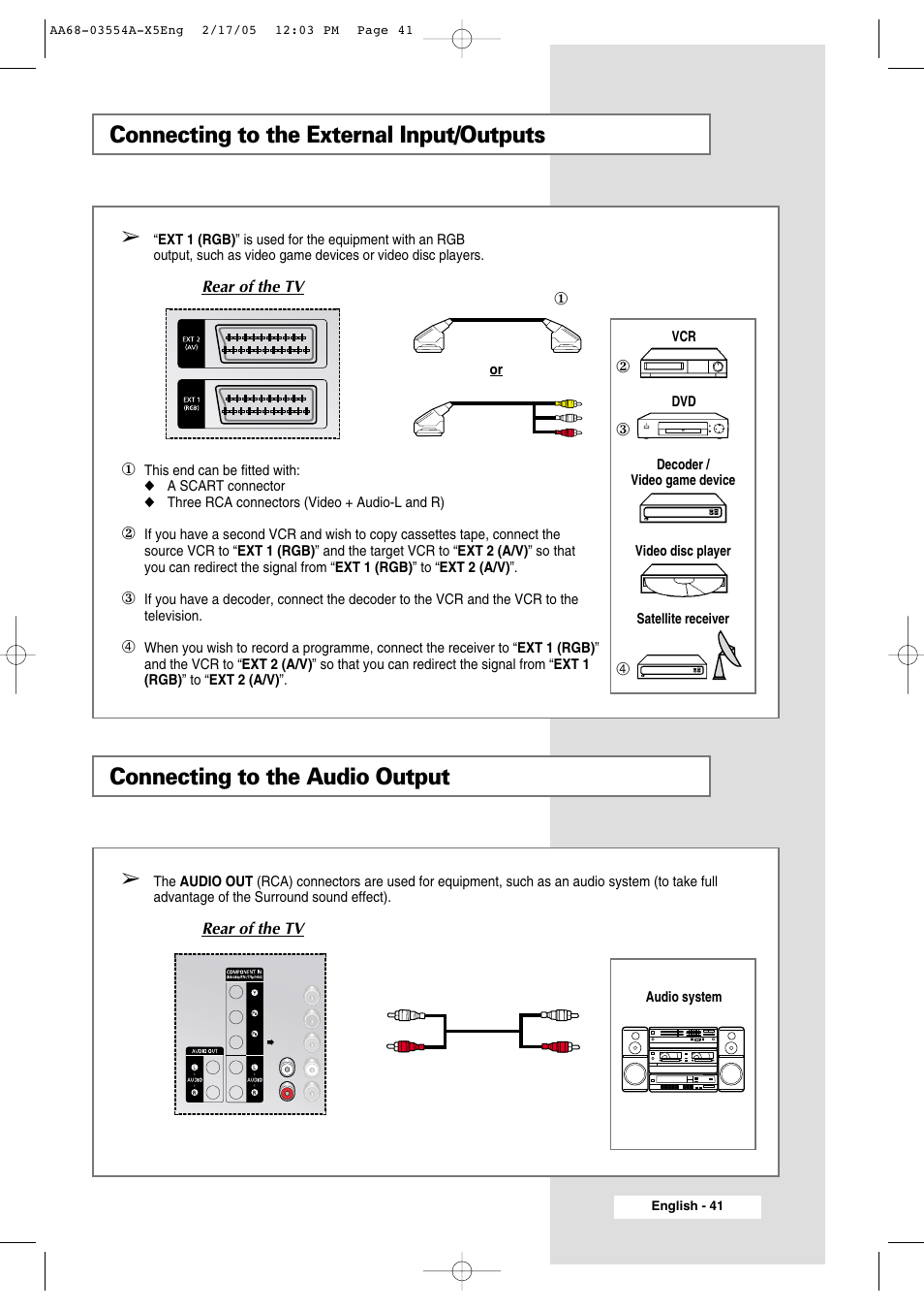 Additional information on connections, Connecting to the external input/outputs, Connecting to the audio output | Samsung WS-32Z308P User Manual | Page 41 / 48