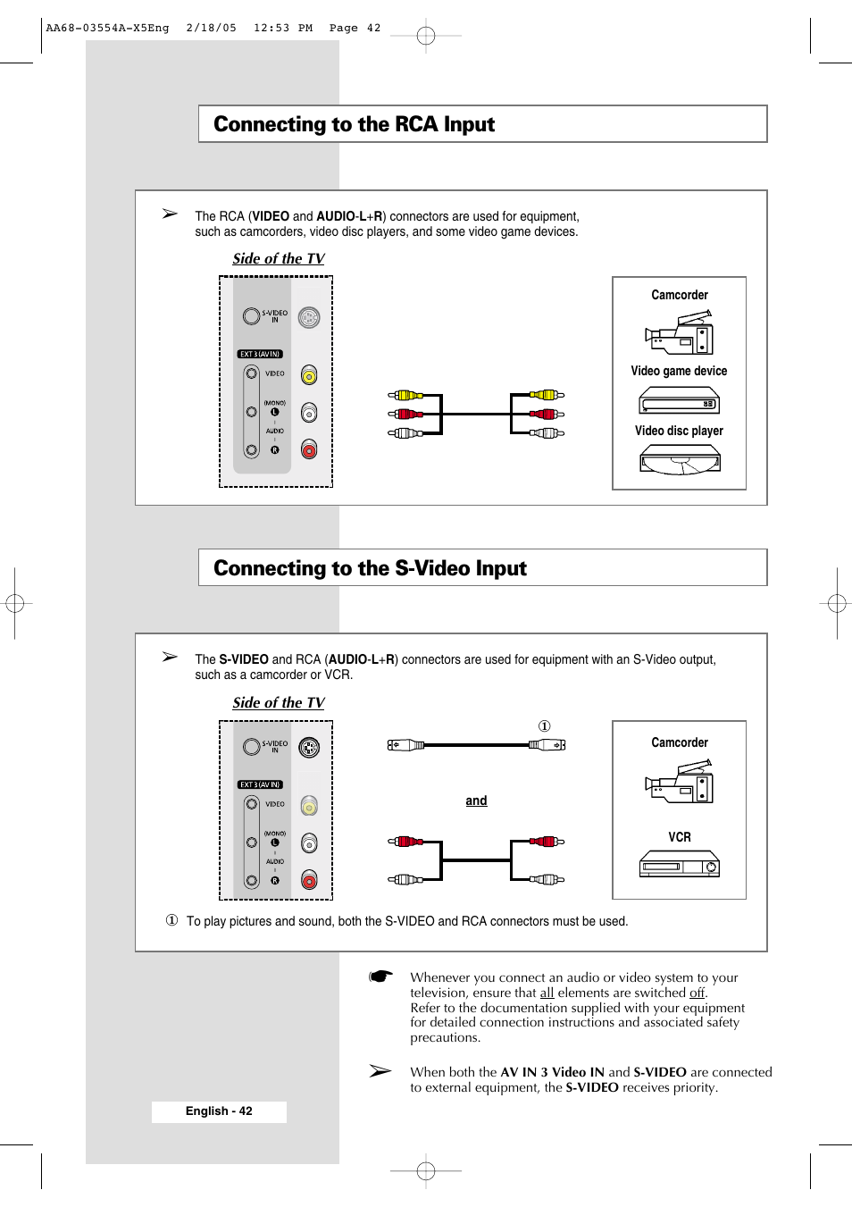 Connecting to the rca input, Connecting to the s-video input | Samsung WS-32Z308P User Manual | Page 42 / 48
