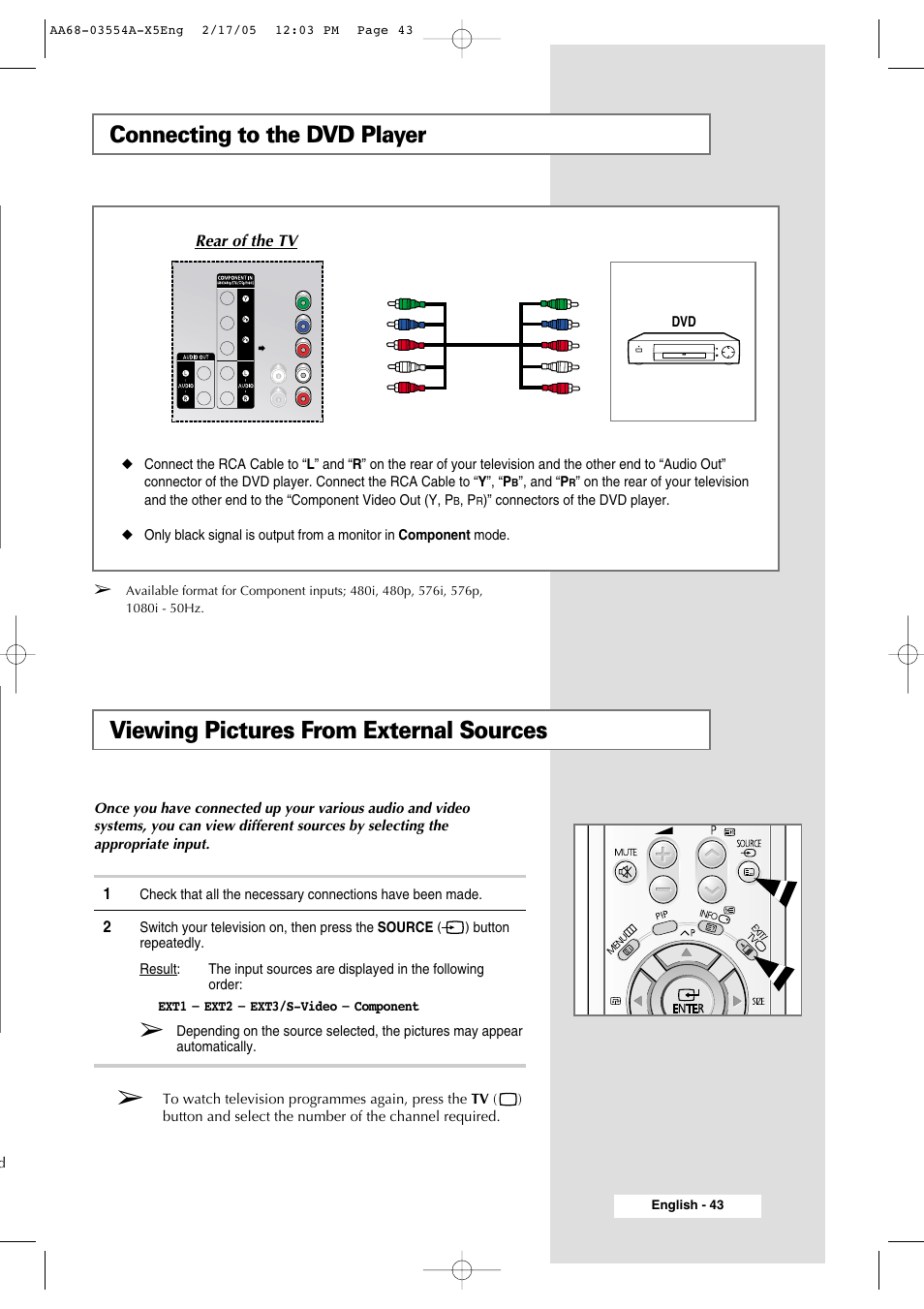 Connecting to the dvd player, Viewing pictures from external sources | Samsung WS-32Z308P User Manual | Page 43 / 48