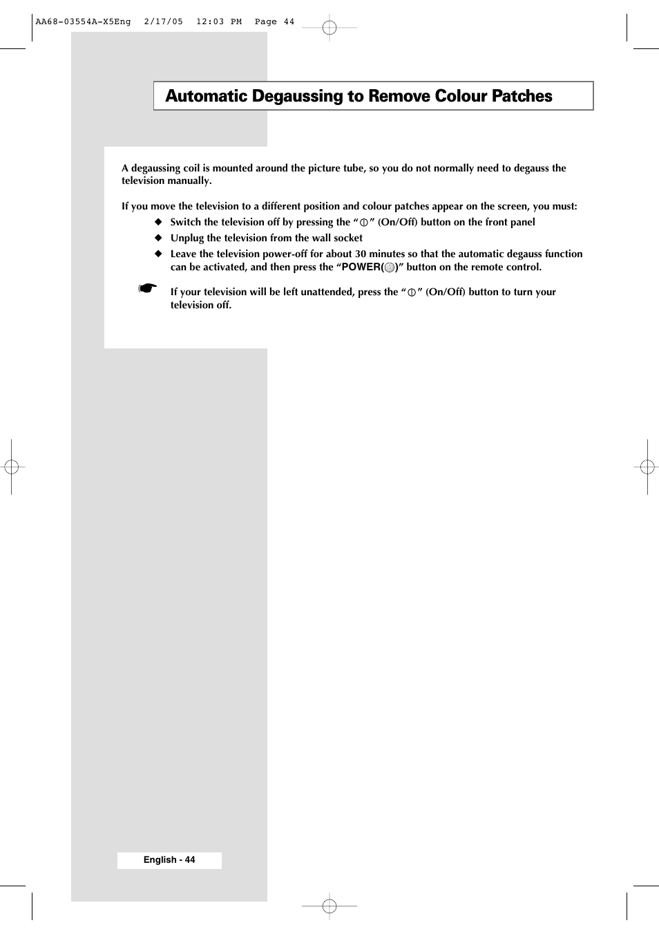 Recommendations for use, Automatic degaussing to remove colour patches | Samsung WS-32Z308P User Manual | Page 44 / 48