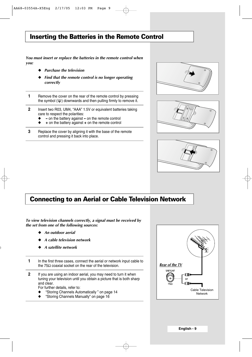 Inserting the batteries in the remote control | Samsung WS-32Z308P User Manual | Page 9 / 48