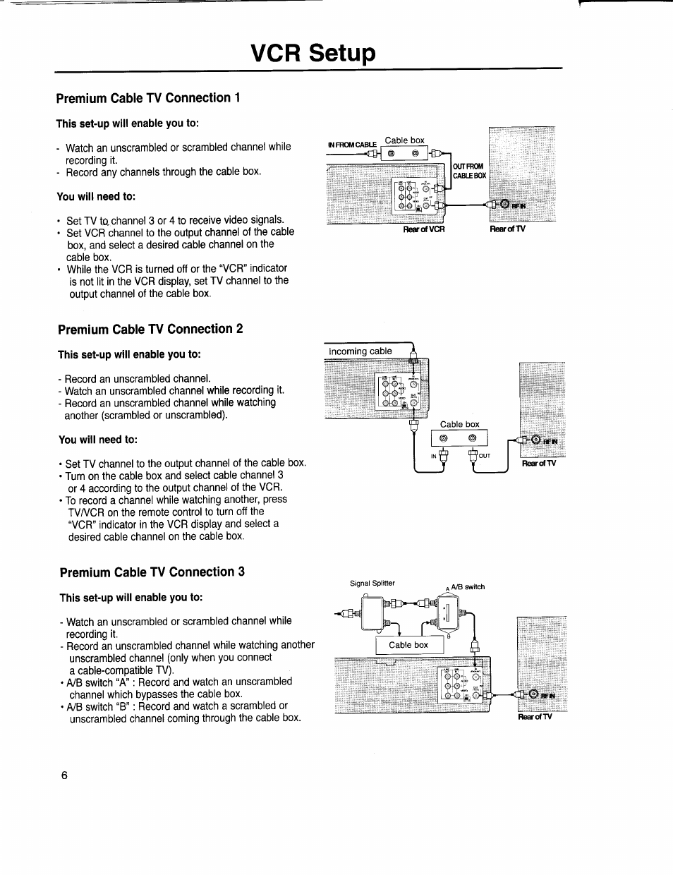 Premium cable tv connection 1, This set-up will enable you to, You will need to | Premium cable tv connection 2, Premium cable tv connection 3, Vcr setup | Samsung VR5160 User Manual | Page 10 / 35