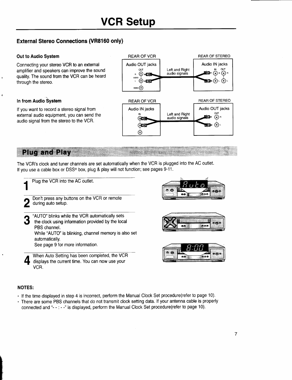 External stereo connections (vr8160 only), Out to audio system, In from audio system | Plug and play, Notes, Vcr setup | Samsung VR5160 User Manual | Page 11 / 35