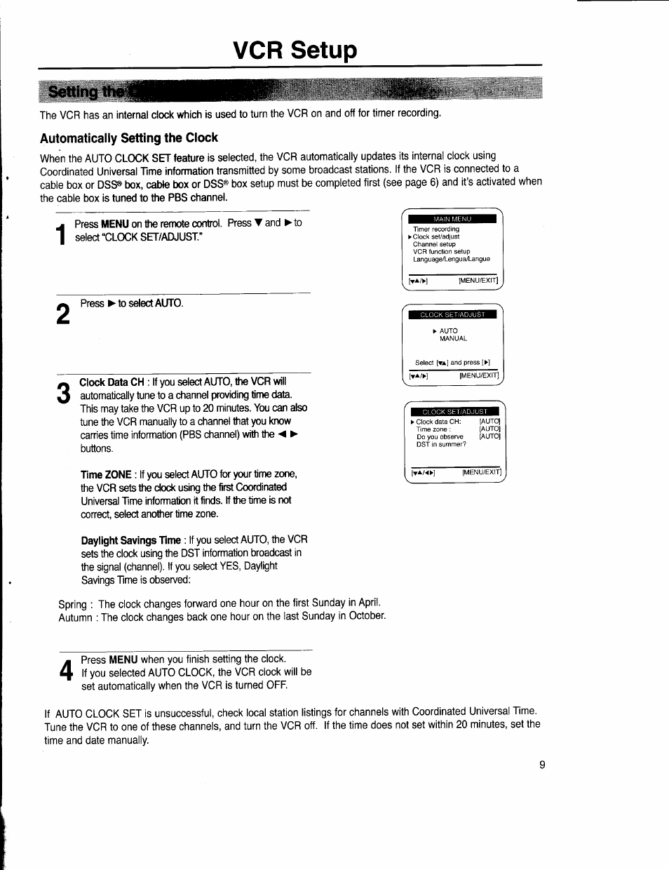 Setting, Automatically setting the clock, Vcr setup | Samsung VR5160 User Manual | Page 13 / 35