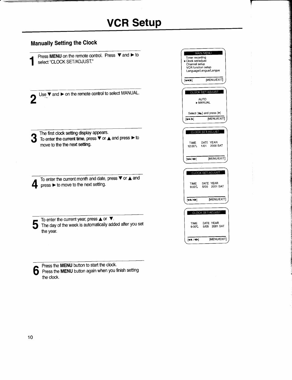 Manually setting the clock, Vcr setup | Samsung VR5160 User Manual | Page 14 / 35