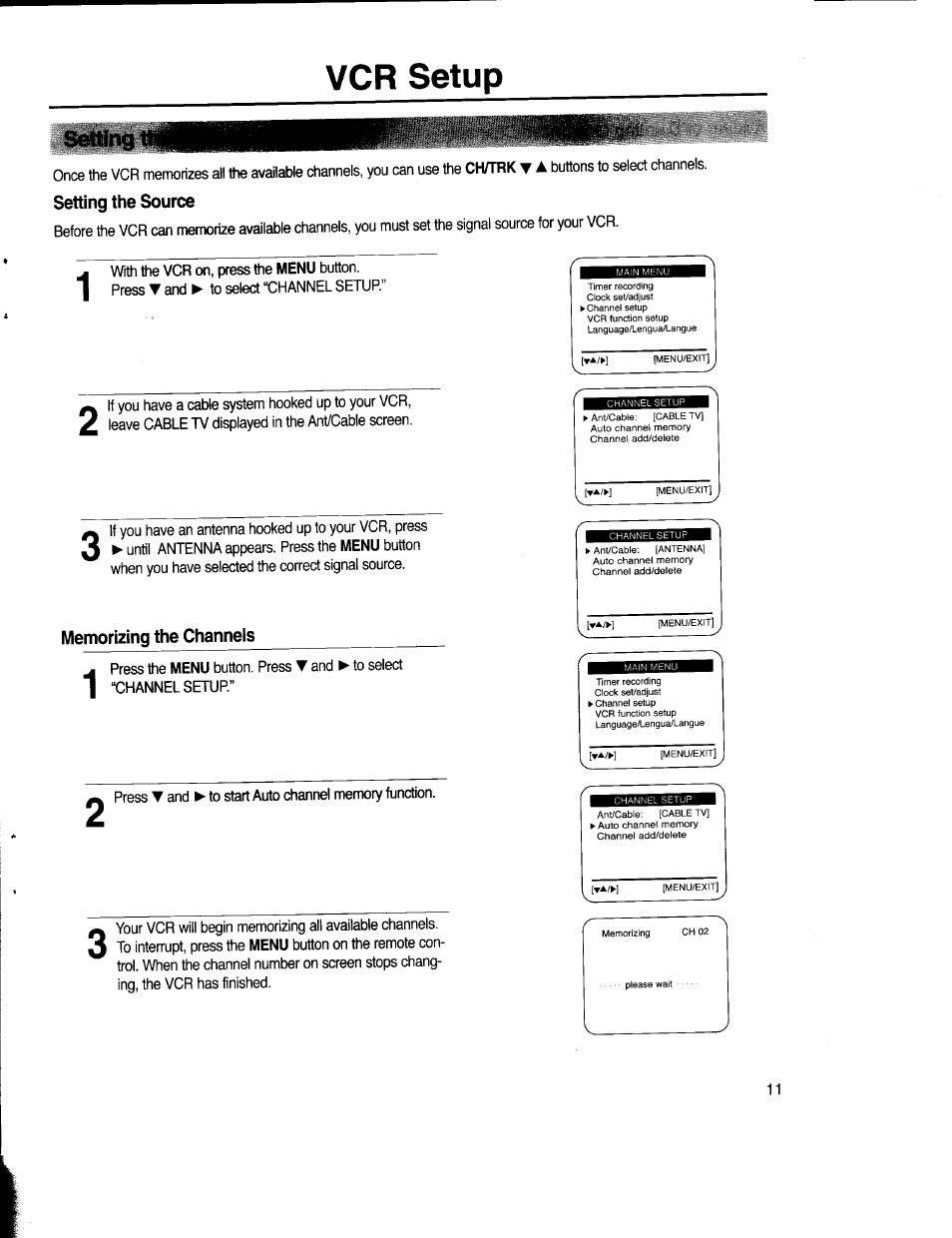 Setting, Setting the source, Memorizing the channels | Setting the clock, Setting the channels, Vcr setup | Samsung VR5160 User Manual | Page 15 / 35