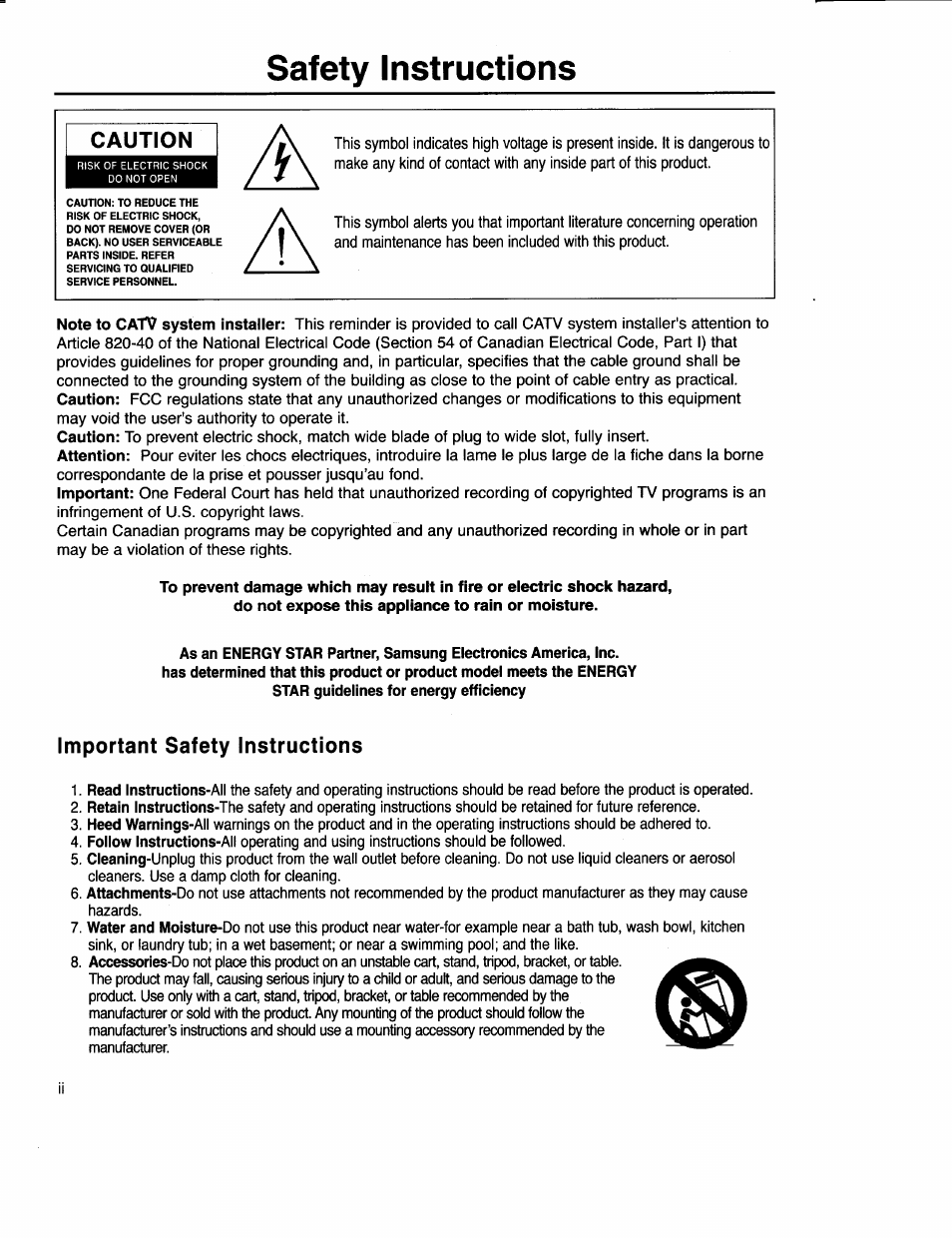 Caution, Important safety instructions, Safety instructions | Samsung VR5160 User Manual | Page 2 / 35