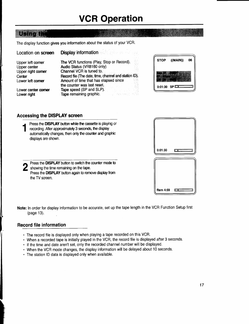 Using, Location on screen, Accessing the display screen | Record fiie information, Iliisiiisi, Vcr operation | Samsung VR5160 User Manual | Page 21 / 35