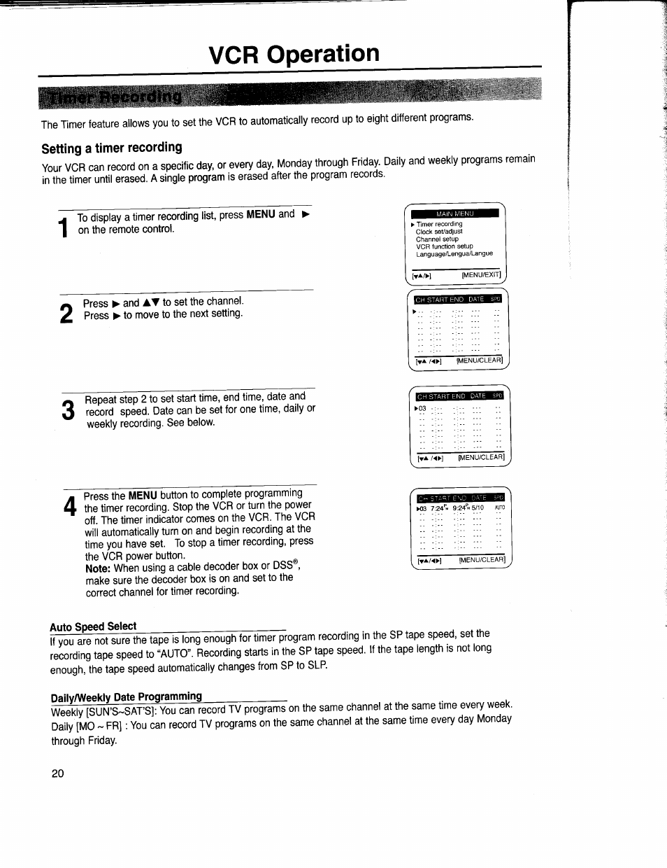Setting a timer recording, Auto speed select, Daily/weekly date programming | Vcr operation | Samsung VR5160 User Manual | Page 24 / 35
