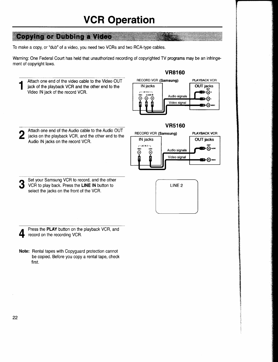 Copying or dubbing a video, Vcr operation | Samsung VR5160 User Manual | Page 26 / 35